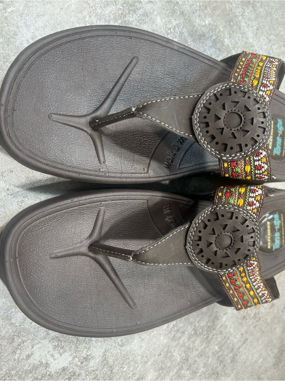Skechers Tone-Ups Brown Boho Embroidered Thong Sandals Women’s Size 11 - Picture 4 of 14